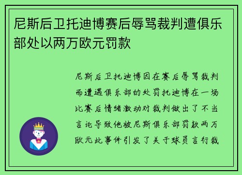 尼斯后卫托迪博赛后辱骂裁判遭俱乐部处以两万欧元罚款